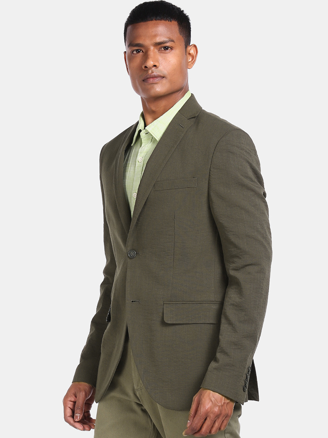 Men's Olive Solid Single Breasted Blazers