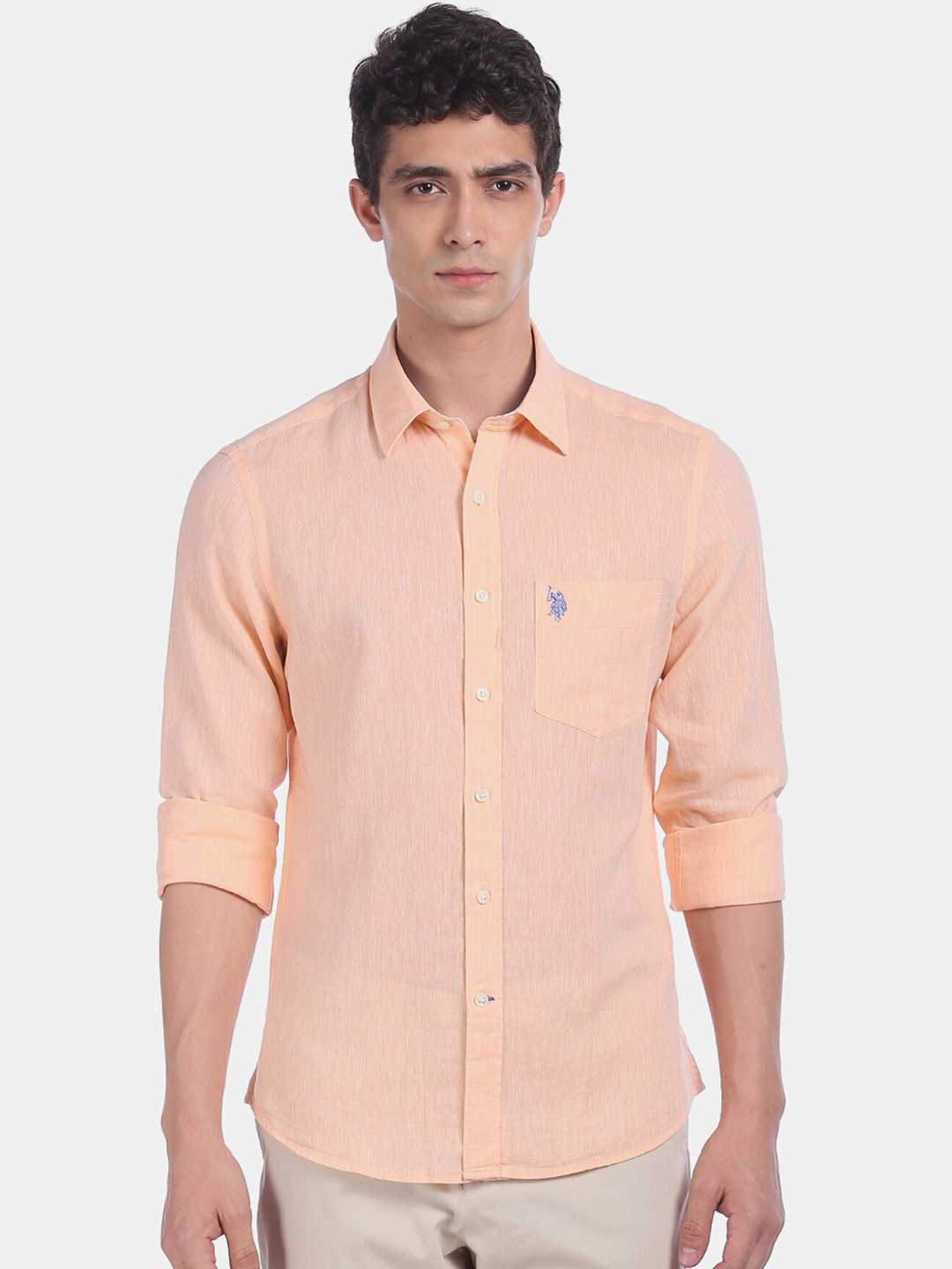 Buy U.S. Polo Assn. Men Peach Coloured Regular Fit Solid Casual Shirt Shirts for Men 14190624