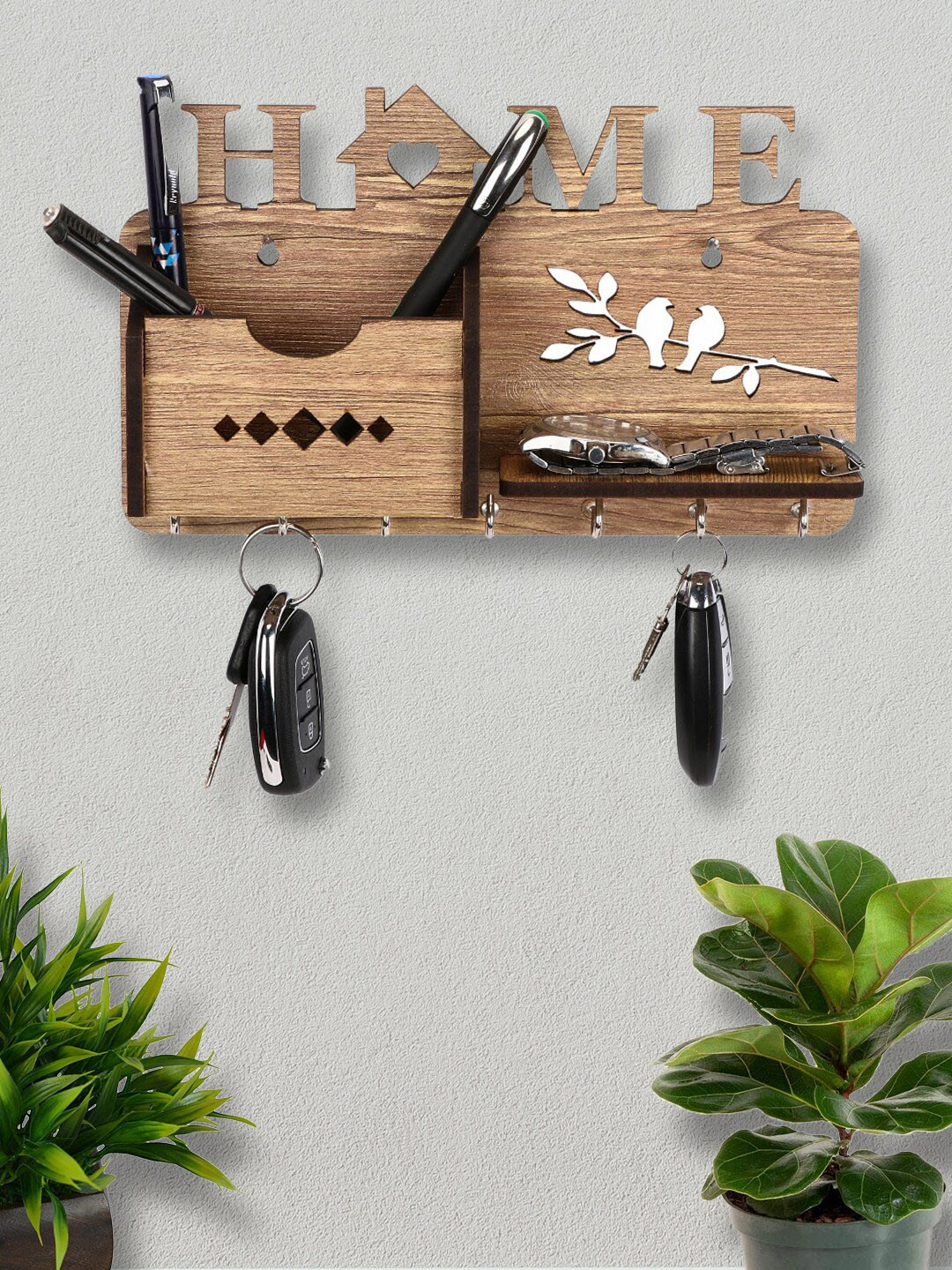 Buy ROMEE Brown Solid Wooden Key Holder With 1 Mobile Stand & 1 Shelf