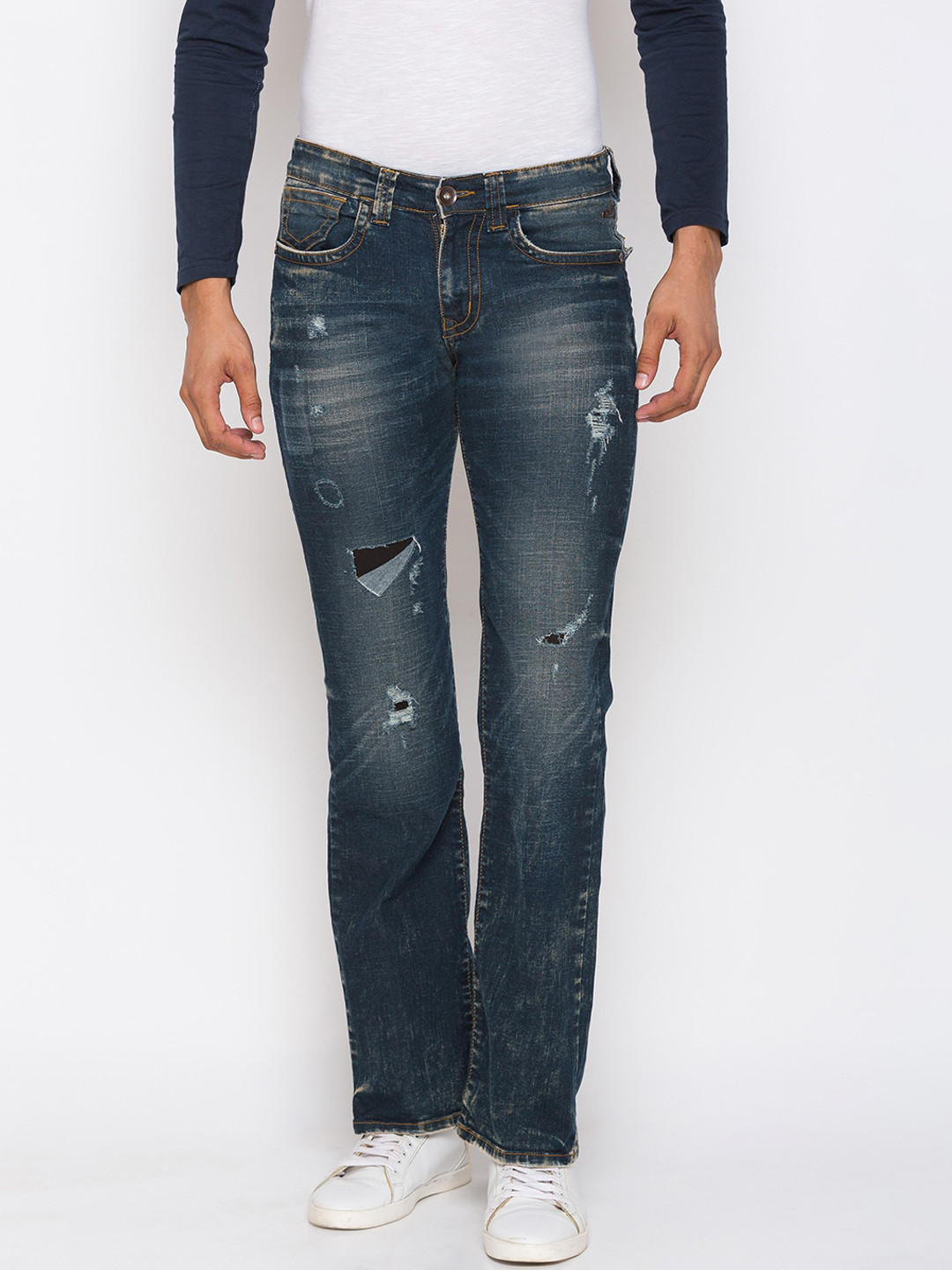 Buy Mode De Base Men Blue Mildly Distressed Bootcut Jeans Jeans for