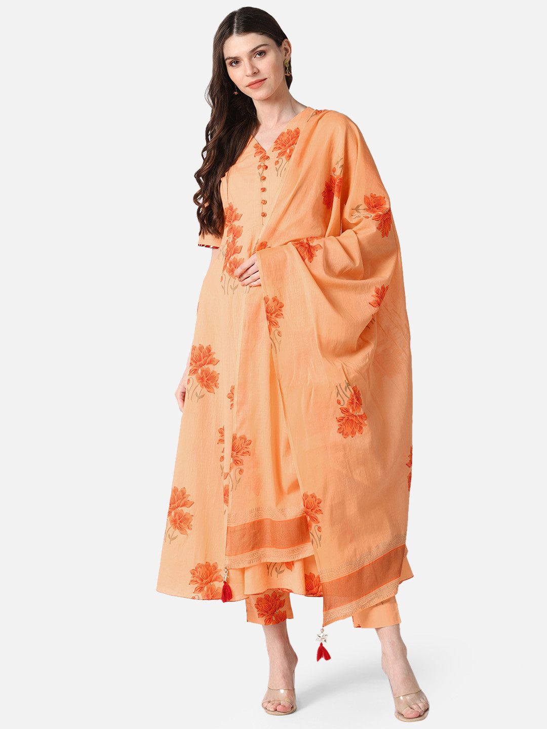 Women Pure Cotton Printed Orange Kurta With Pant And Dupatta main image 0