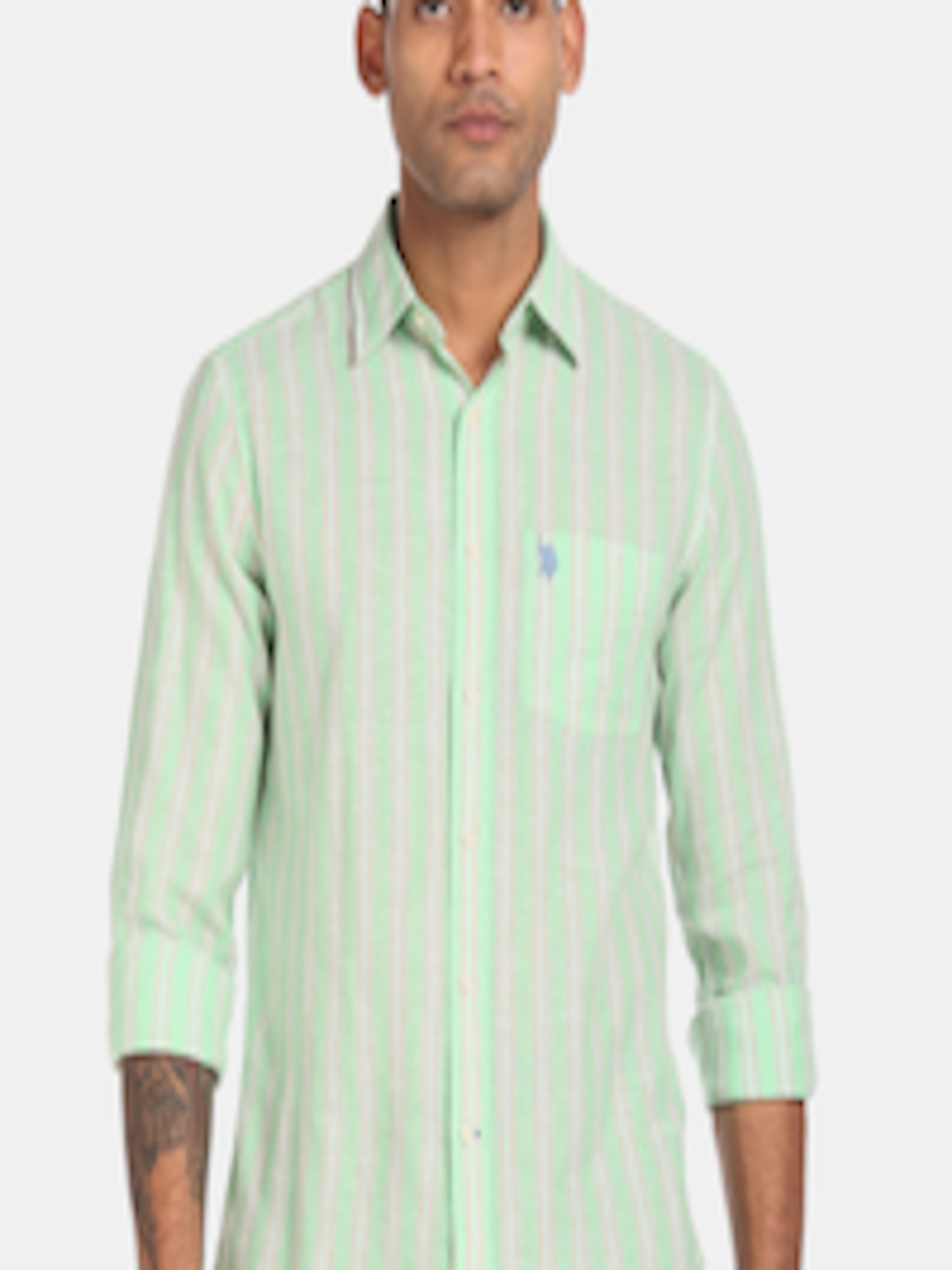 Buy U.S. Polo Assn. Men Green & White Regular Fit Striped Casual Shirt ...