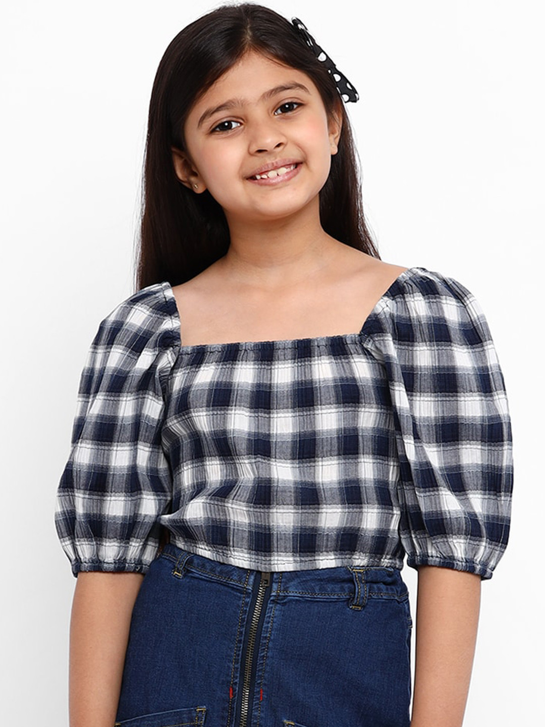 Natilene Navy Checked Blouson Pure Cotton Crop Top main image 0