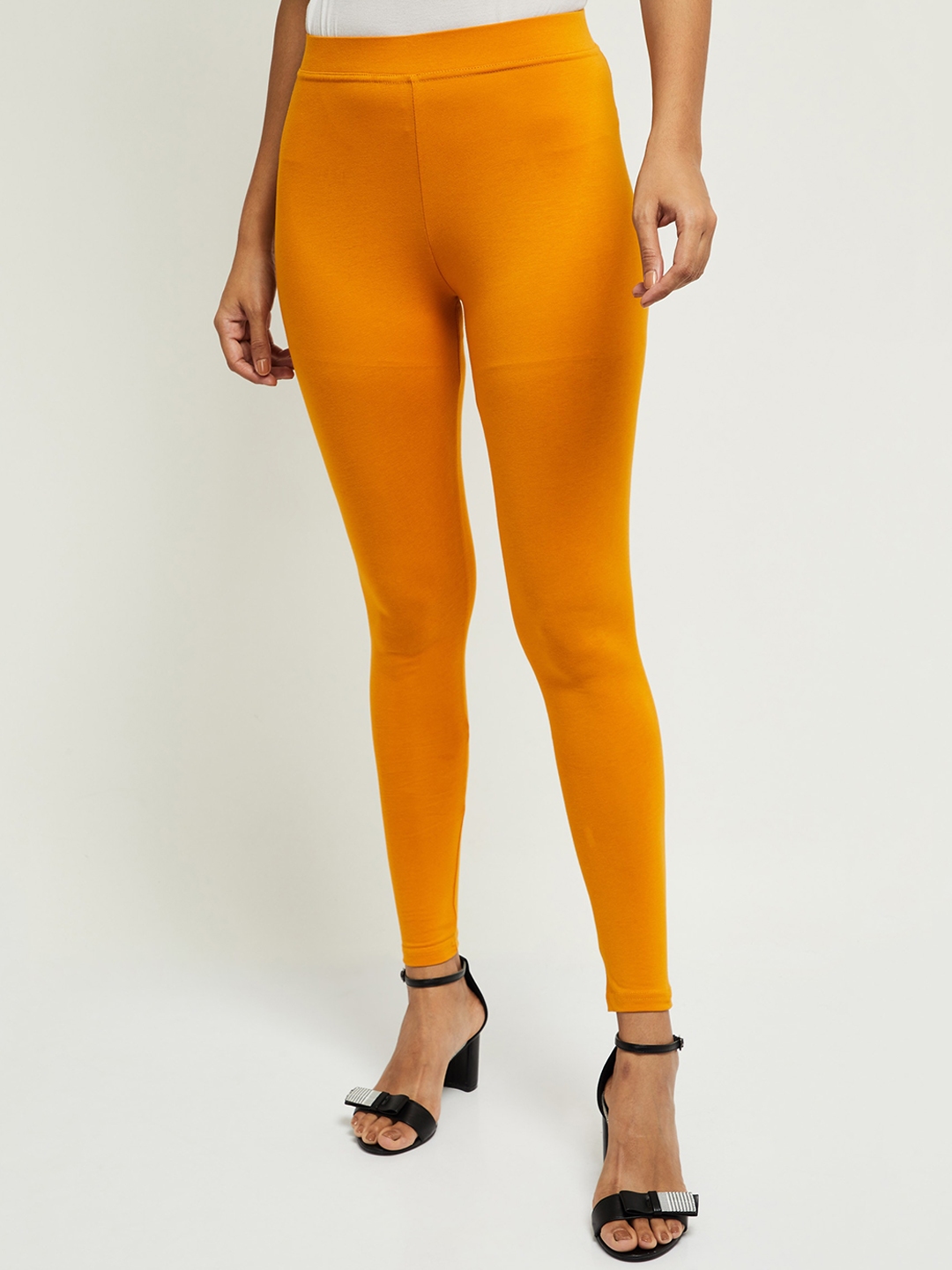 Buy Max Women Mustard Yellow Solid Ankle Length Leggings - Leggings for ...