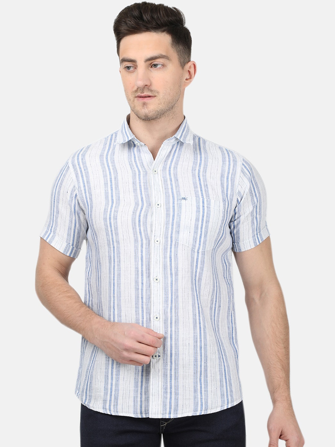 Buy Monte Carlo Men White & Blue Linen Regular Fit Striped Casual Shirt ...