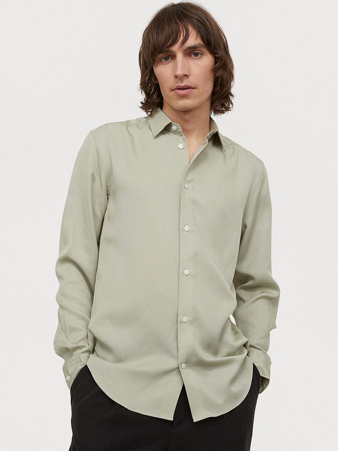 Buy H&M Men Green Solid Regular Fit Lyocell Shirt Shirts for Men