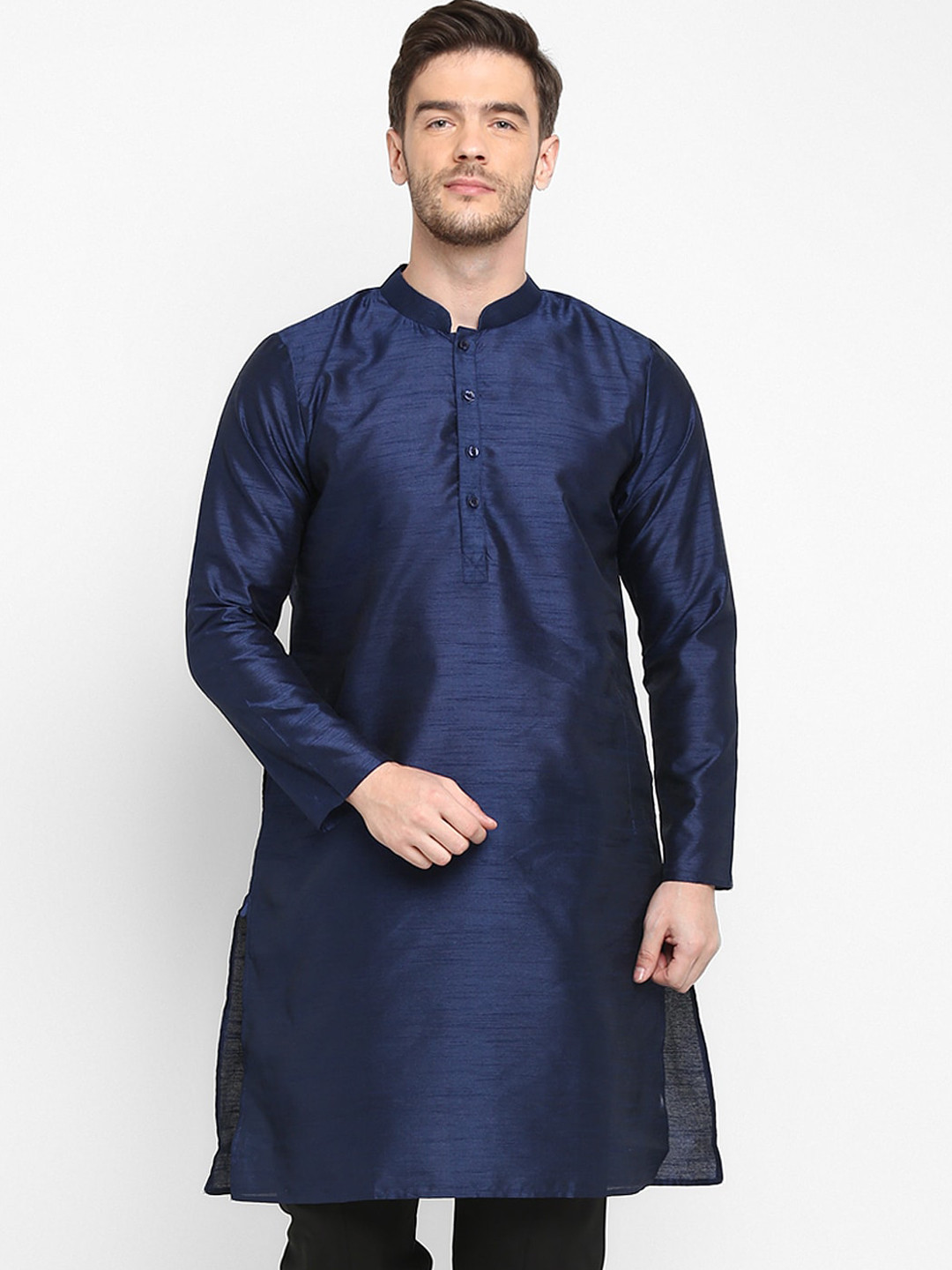 Buy Hangup Men Navy Blue Mandarin Collar Kurta Kurtas for Men