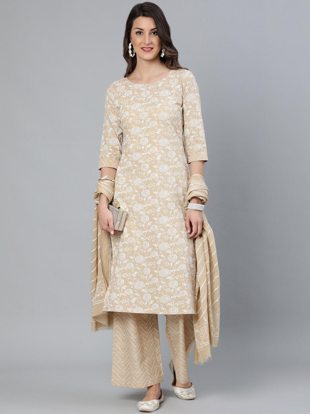 Women's Straight Beige Geometric Kurta Sets with Trousers & Dupatta