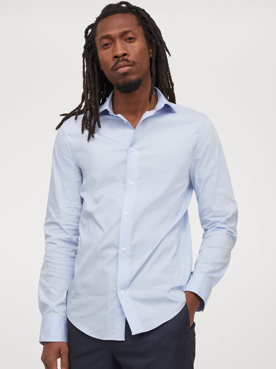 Buy H&M Men Blue Solid Stretch Shirt Slim Fit Shirts for Men 14223280