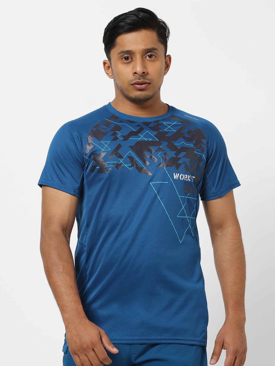 Buy Domyos By Decathlon Men Blue & Black Printed Round Neck Regular Fit