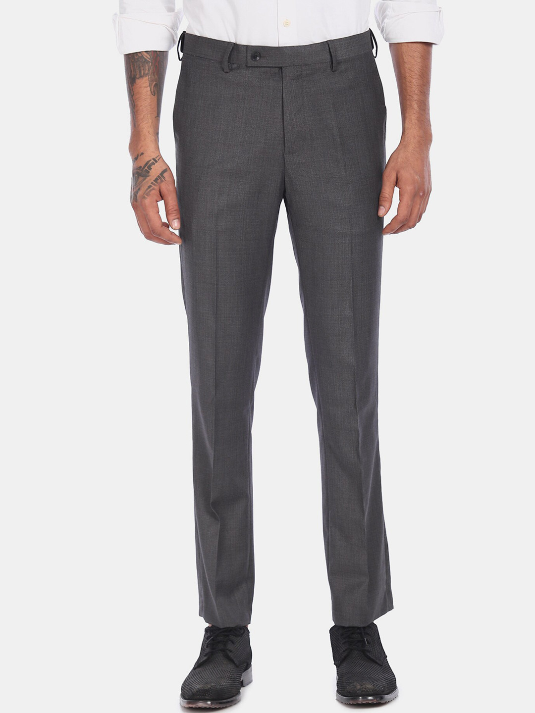 Buy Arrow Men Charcoal Grey Regular Fit Patterned Formal Trousers ...