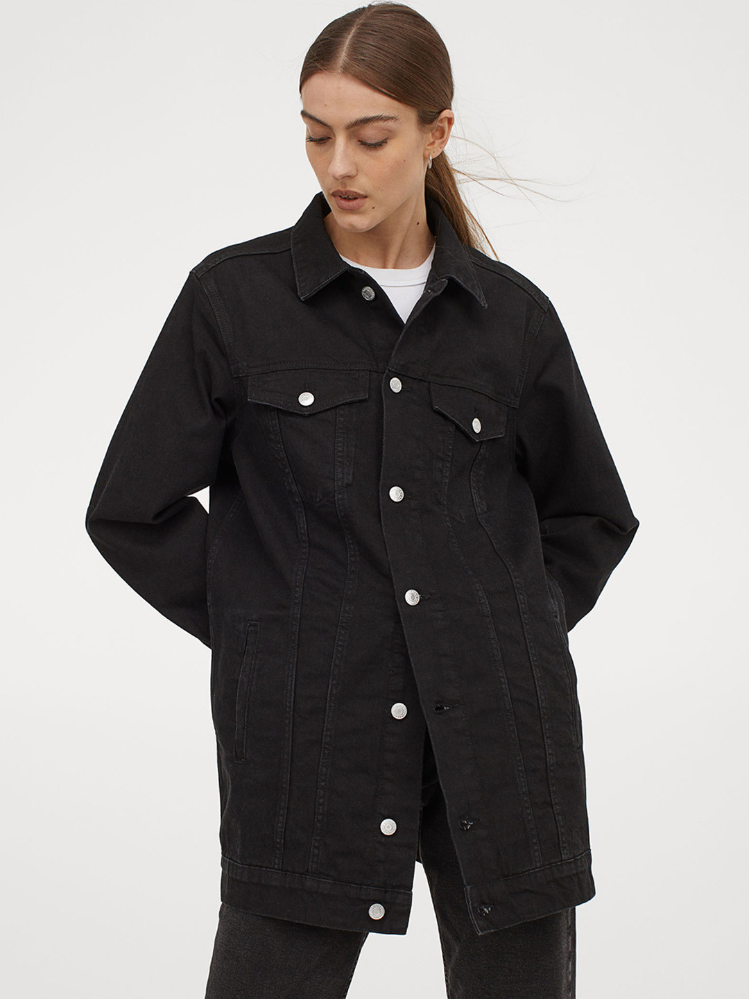 Buy H&M Women Black Solid Long Denim Jacket Jackets for Women