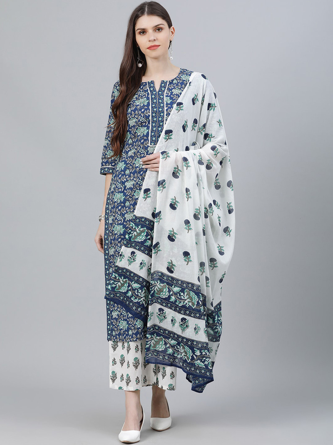 Buy Libas Women Blue Printed Kurta With Palazzos & Dupatta Kurta Sets