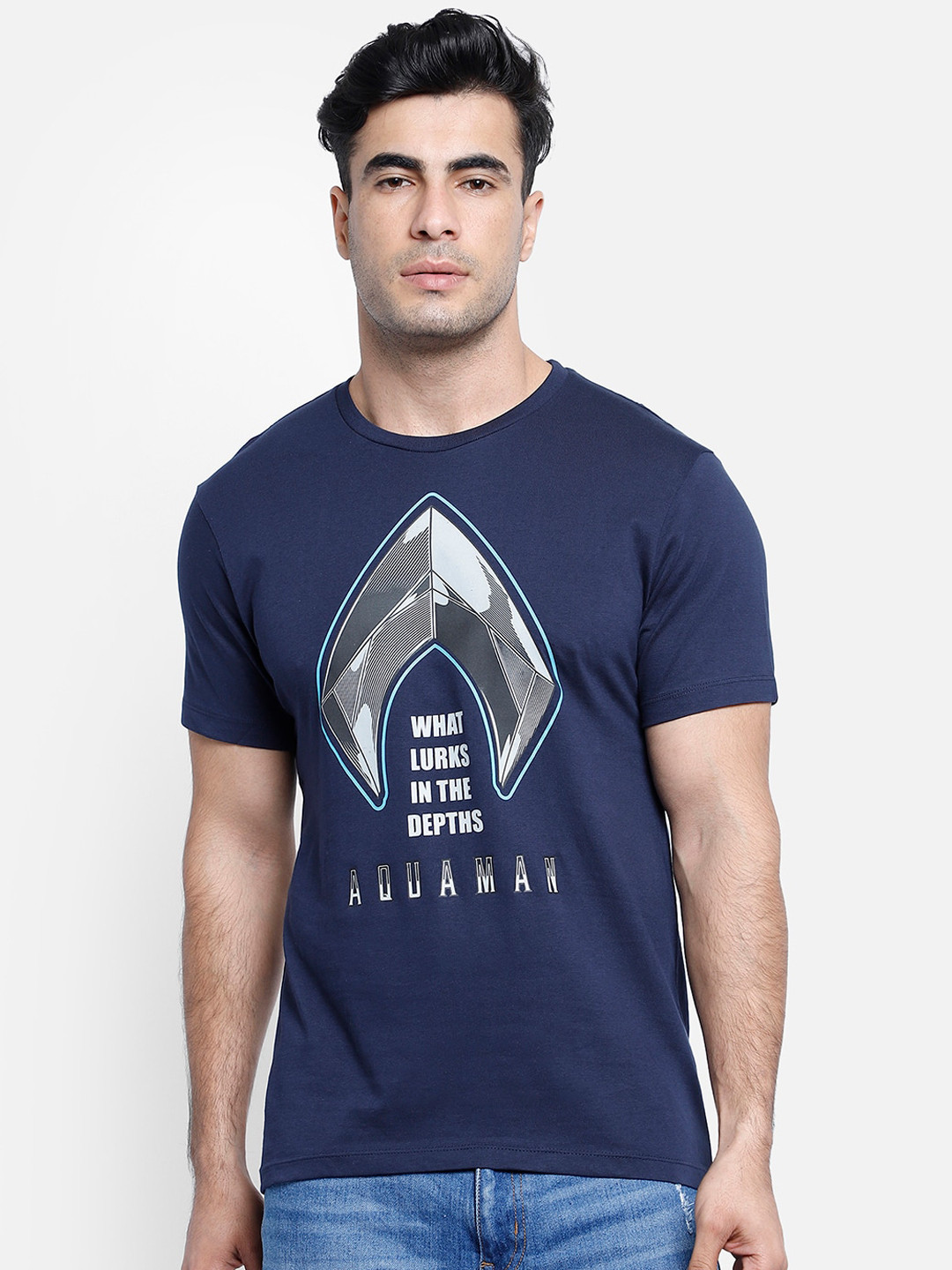 Buy Free Authority Men Navy Blue & Grey Aquaman Printed T Shirt