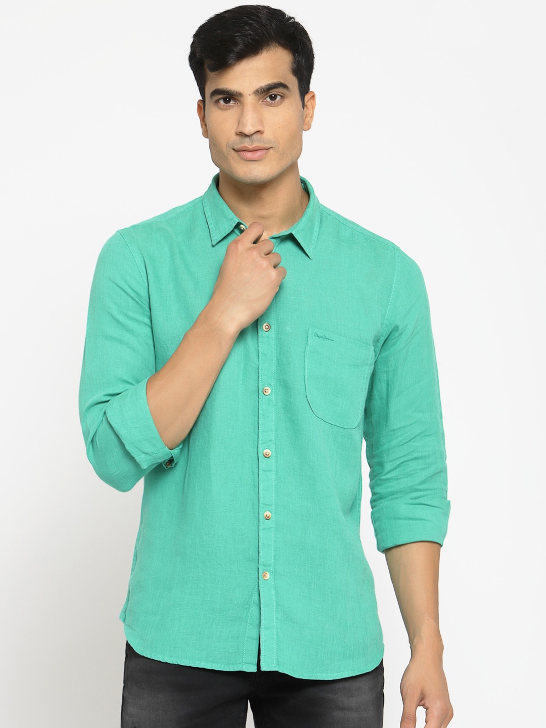 Buy Pepe Jeans Men Green Regular Fit Solid Pure Linen Casual Shirt ...