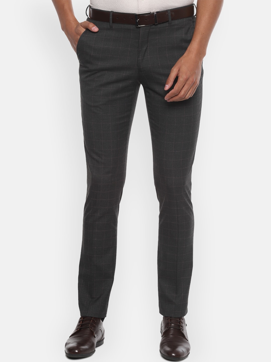 Buy Louis Philippe Men Charcoal Grey Slim Fit Checked Formal Trousers ...