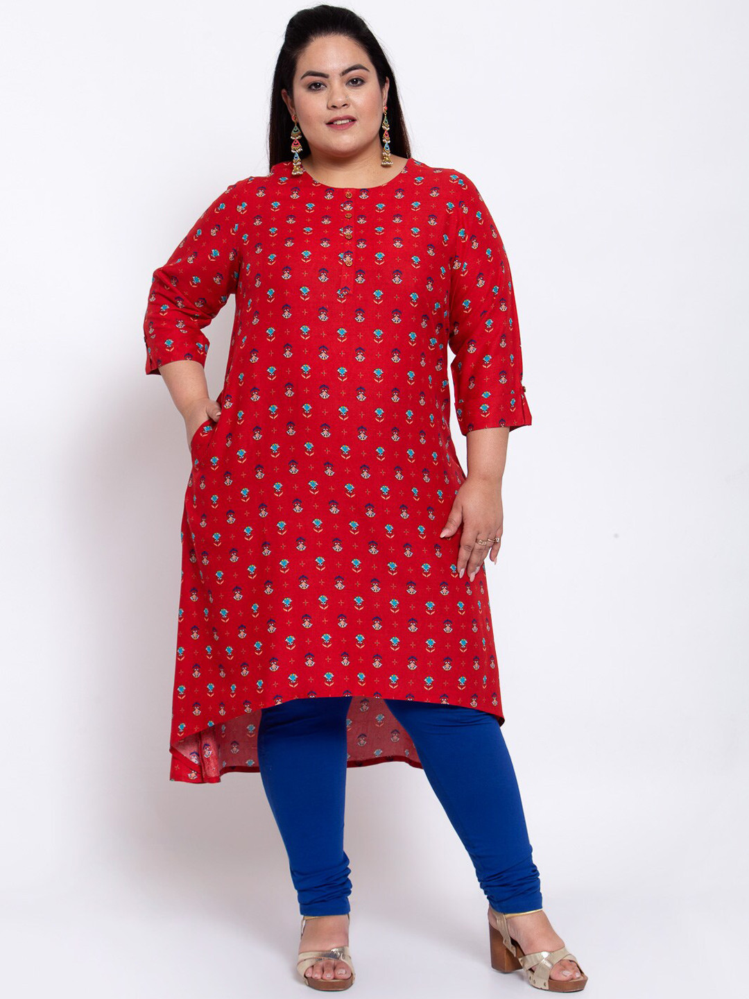 Buy PlusS Women Red Geometric Printed Flared Sleeves Mirror Work Kurta