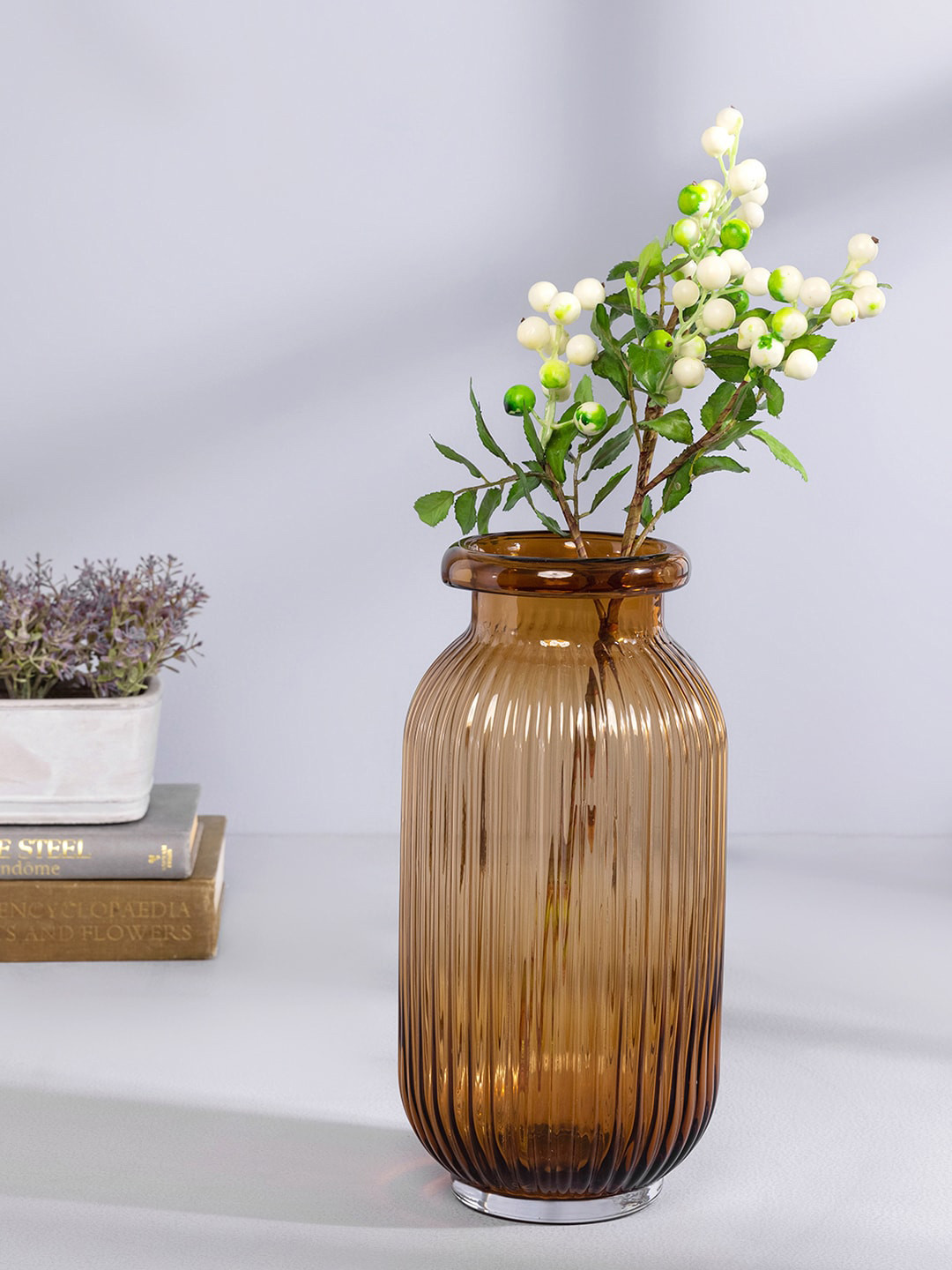 Buy Pure Home And Living Brown Ribbed Textured Glass Vase Vases for