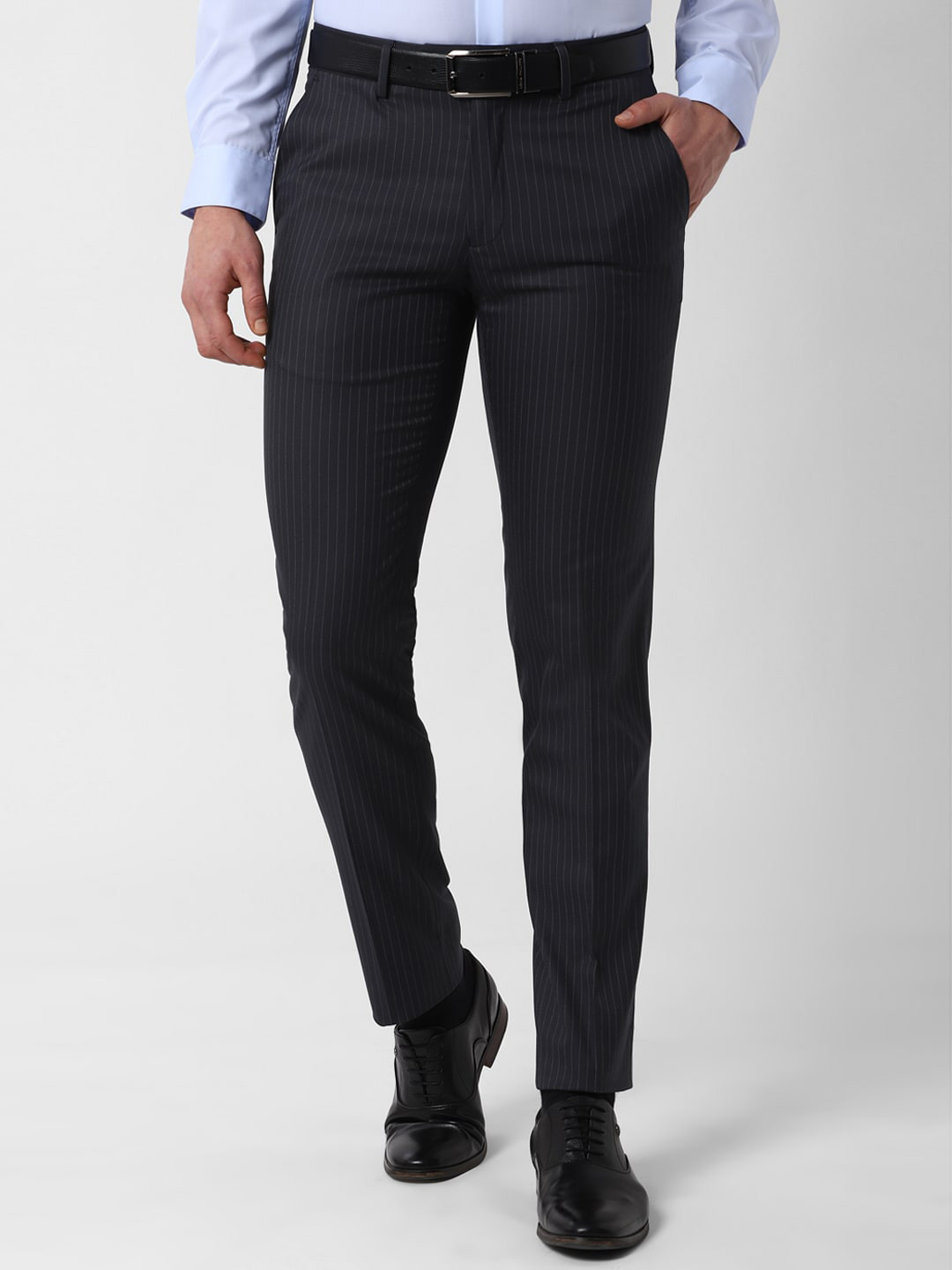 Buy Peter England Elite Men Black Slim Fit Striped Formal Trousers ...