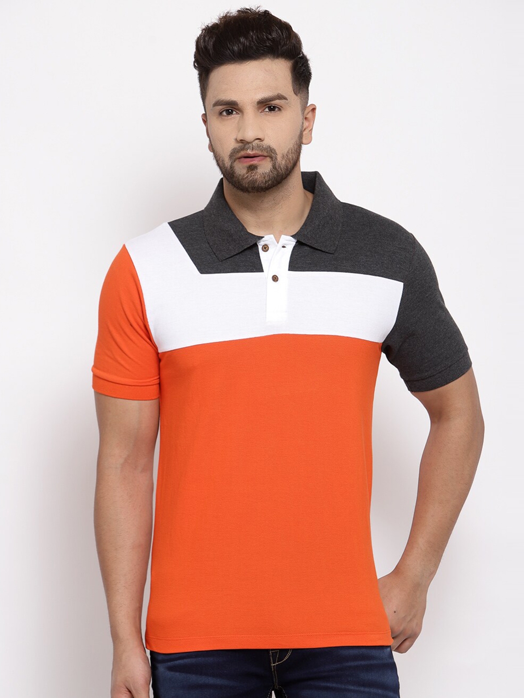 Buy Kalt Men Orange & White Colourblocked Polo Collar T Shirt - Tshirts ...
