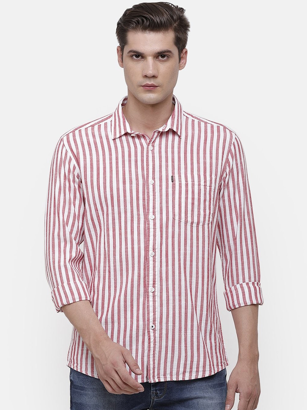 Buy Voi Jeans Men Red & White Slim Fit Striped Casual Shirt - Shirts ...