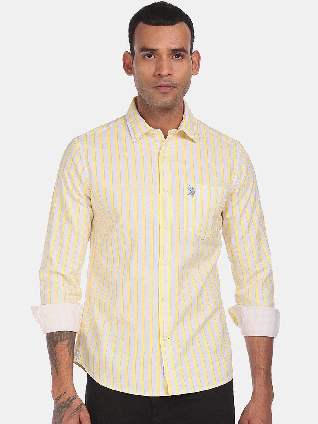 Yellow and white striped polo clearance