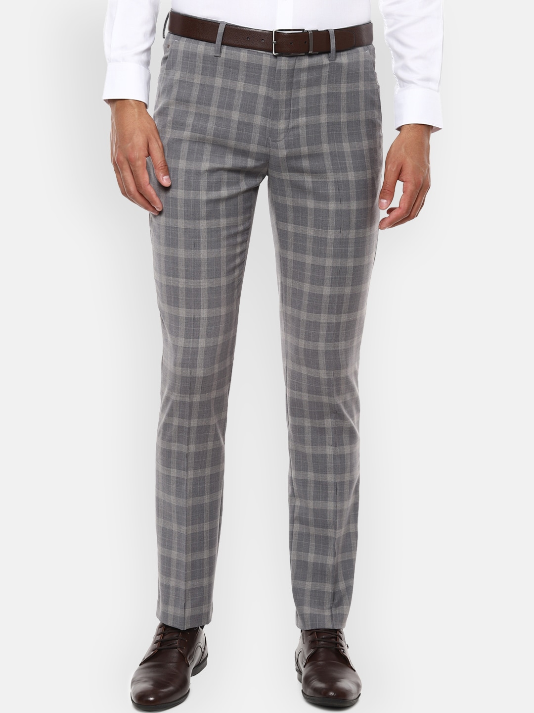 Buy Louis Philippe Men Grey Slim Fit Checked Formal Trousers - Trousers ...