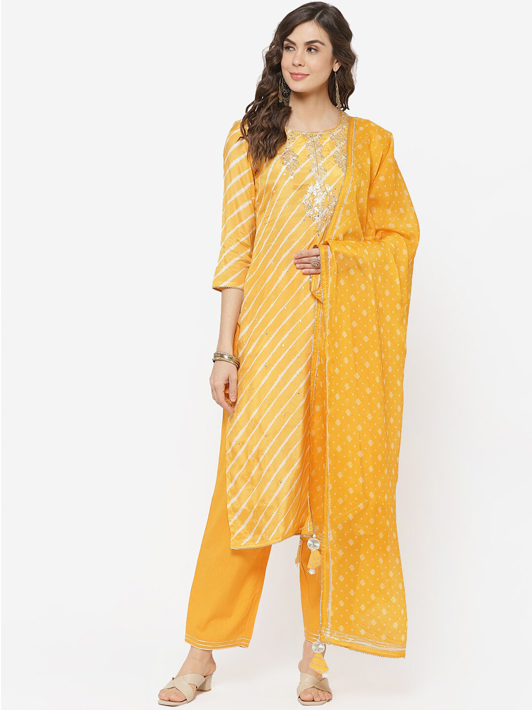 Buy Biba Yellow & White Cotton Blend Unstitched Dress Material Dress Material for Women