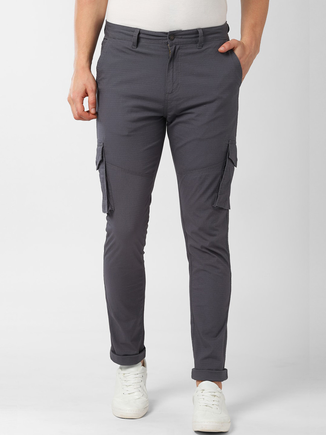 Buy Peter England Casuals Men Grey Regular Fit Solid Cargos Trousers