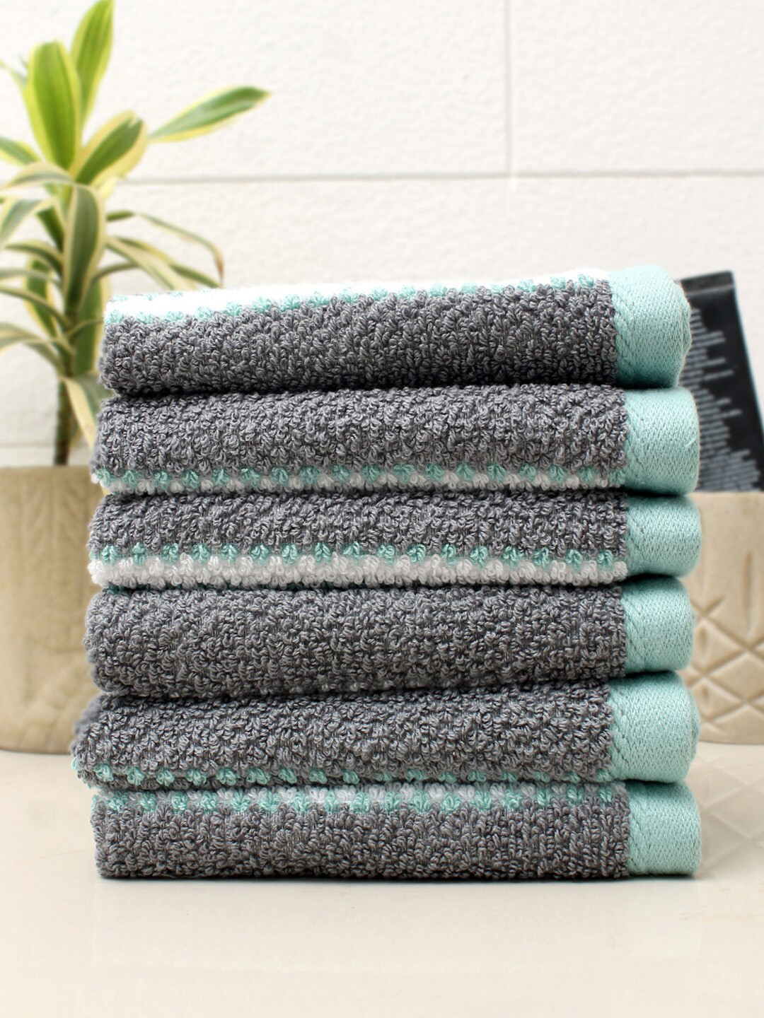 Buy AVI Living Pack Of 6 Grey & Sea Green Striped 550GSM Cotton Hand