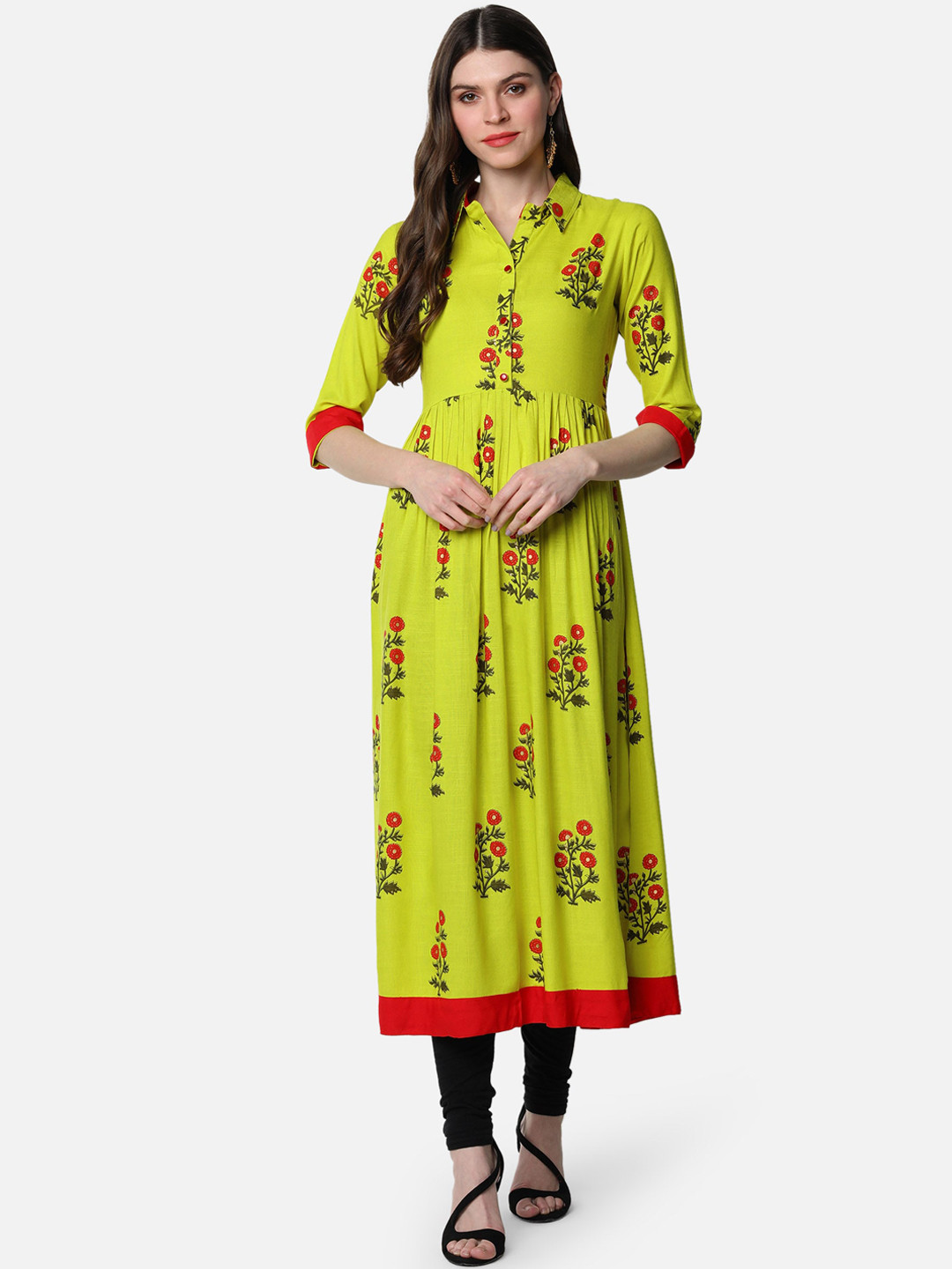 Buy Mokshi Women Lime Green Floral Printed Anarkali Kurta Kurtas for