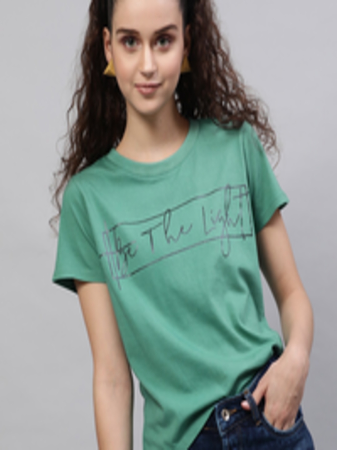 Buy STREET 9 Women Green Printed Round Neck Pure Cotton T Shirt ...