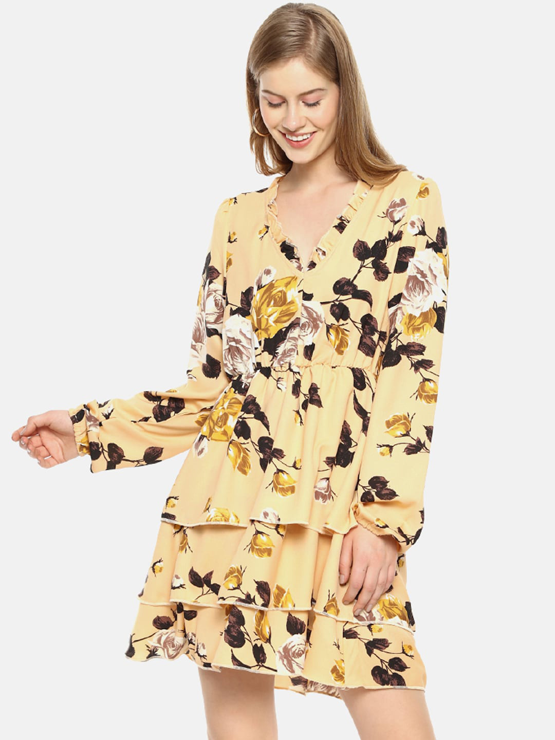 Buy Campus Sutra Mustard Yellow Floral Dress - Dresses for Women ...