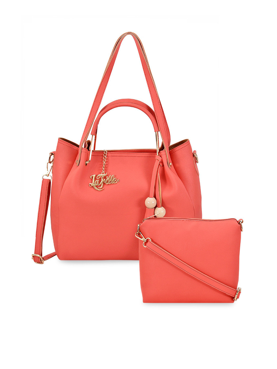 Buy LaFille Peach Coloured Solid Shoulder Bag With Sling Bag Handbags