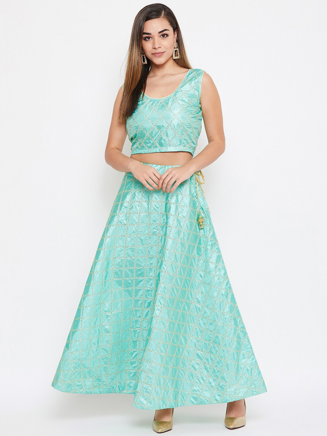 Sea Green & Teal Blue Chanderi Cotton Ready to Wear Lehenga with Blouse main image 1