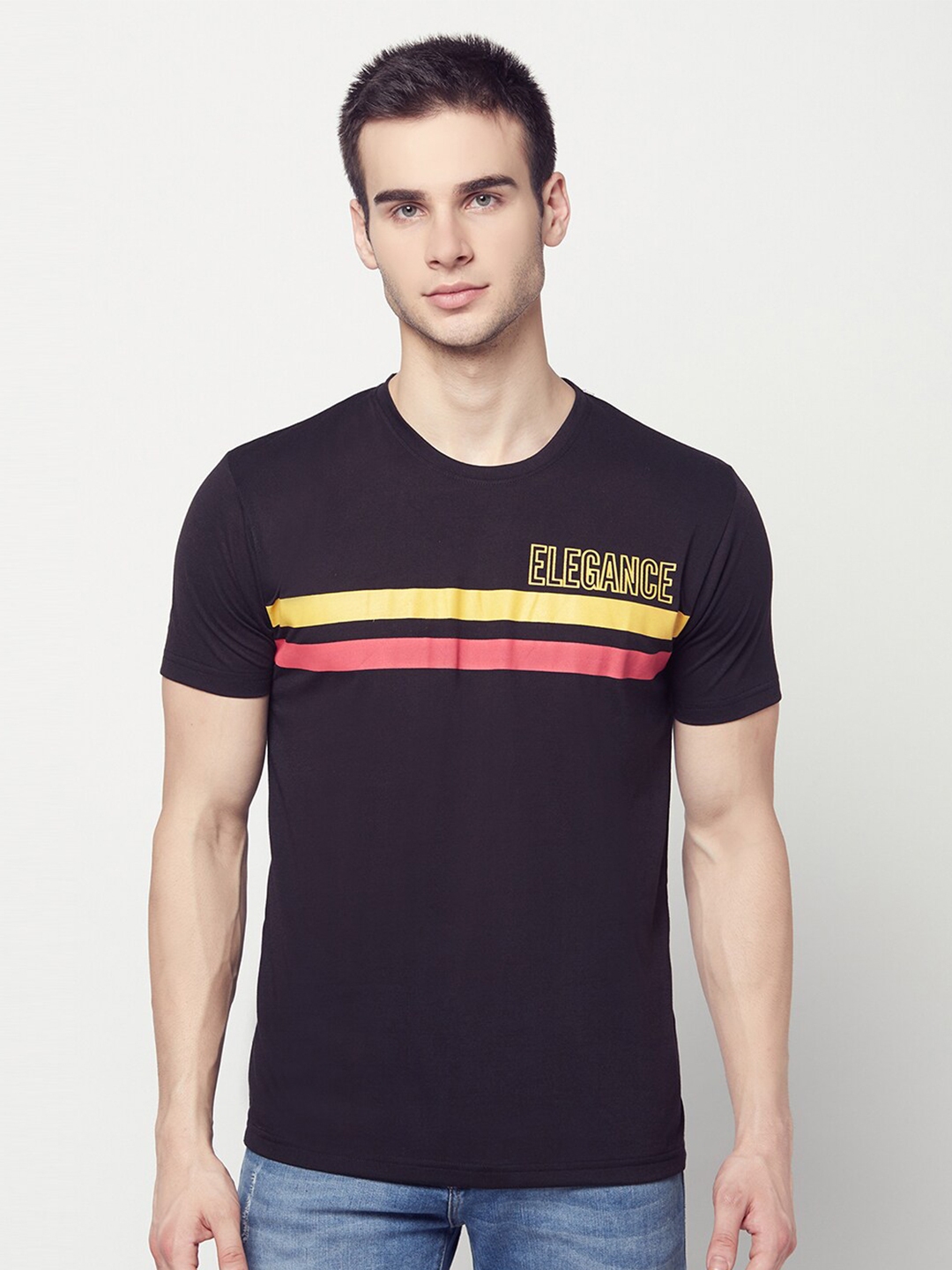 Buy ELEGANCE Men Black & Yellow Striped T Shirt - Tshirts for Men ...