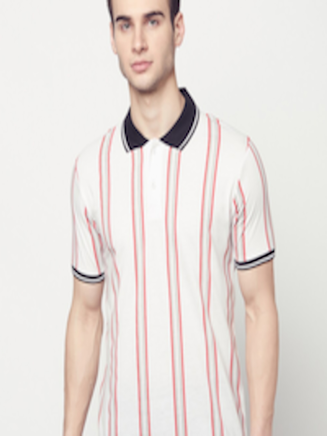 Buy ELEGANCE Men Off White & Grey Striped Polo Collar T Shirt - Tshirts ...