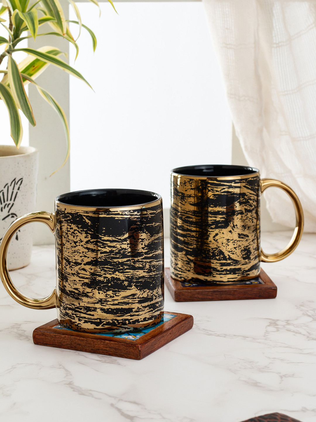 Buy CLAY CRAFT Set Of 2 Black & Gold Toned Printed Ceramic Mugs Cups