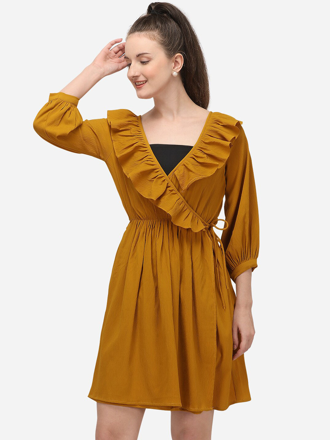 Buy Mesmora Mustard Yellow Mini Ruffled Wrap Dress - Dresses for Women ...
