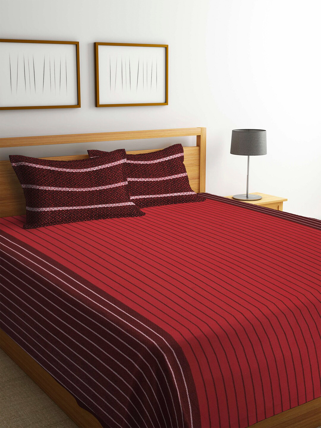 Buy KLOTTHE Maroon & Red Striped Cotton 1 Double King Bedcover With 2