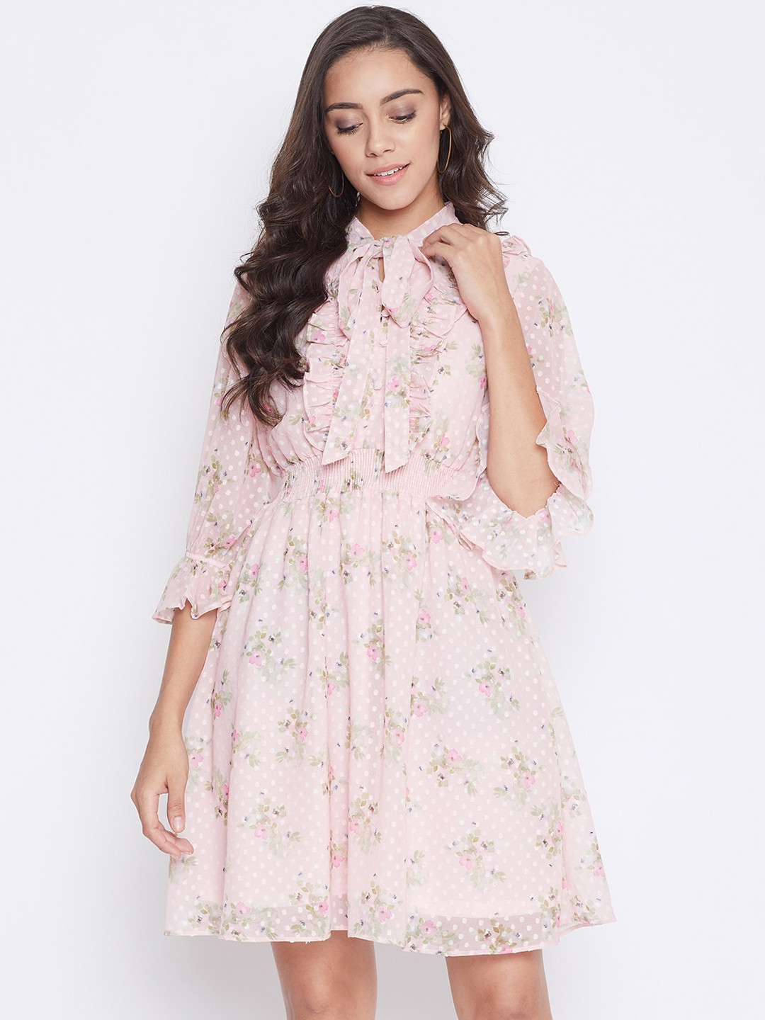 Buy Madame Pink & Green Floral Tie Up Neck Dress Dresses for Women