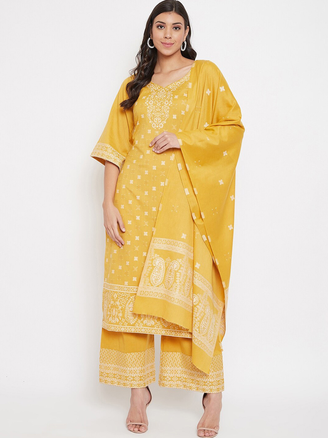 Buy Safaa Mustard Yellow & White Pure Cotton Woven Design Unstitched Dress Material For Summer