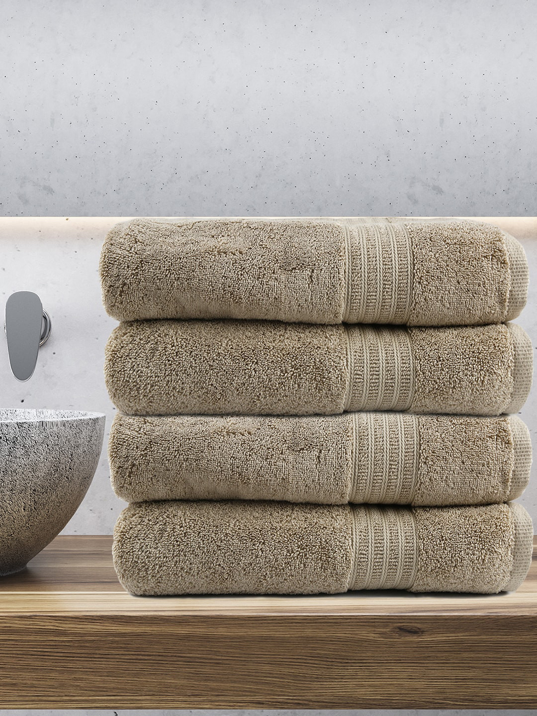 Buy Trident Set Of 4 Beige 500 GSM Cotton Towel Bath Towels for
