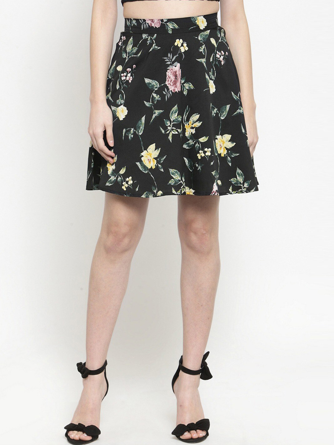 Buy Sera Women Black & Green Floral Printed A Line Mini Umbrella Skirt