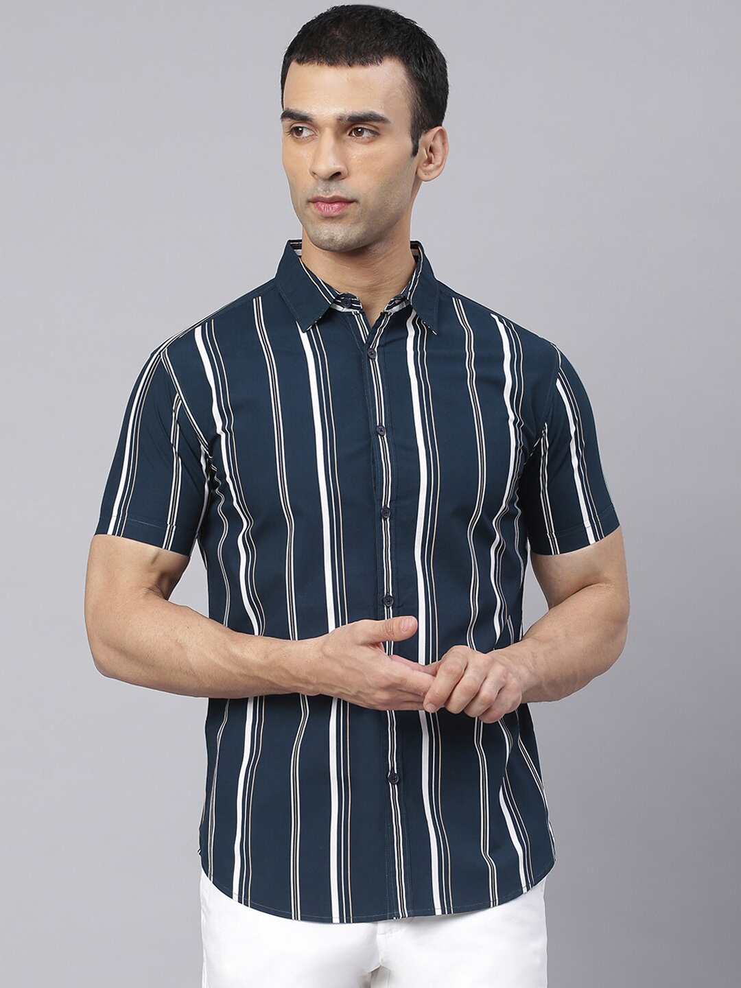 Buy Dennis Lingo Men Navy Blue Slim Fit Striped Pure Cotton Casual 