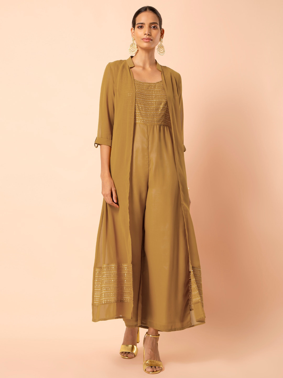 Buy INDYA Mustard & Gold Ochre Embroidered Jumpsuit With Attached