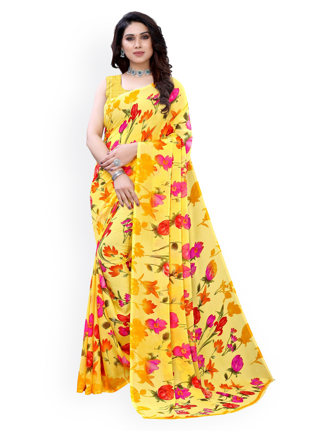 Buy KALINI Yellow Floral Embroidered Pure Georgette Saree Sarees For Women 14396336 Myntra