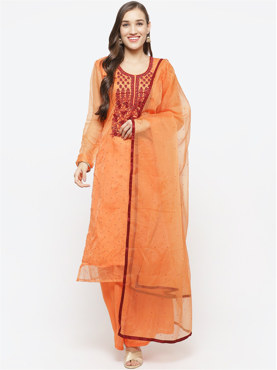 Buy Biba Orange Embellished Organza Unstitched Dress Material Dress Material for Women