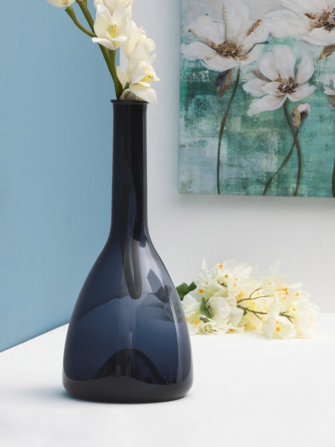 Buy Home Centre Navy Blue Solid Eadric Narrow Neck Glass Vase Vases