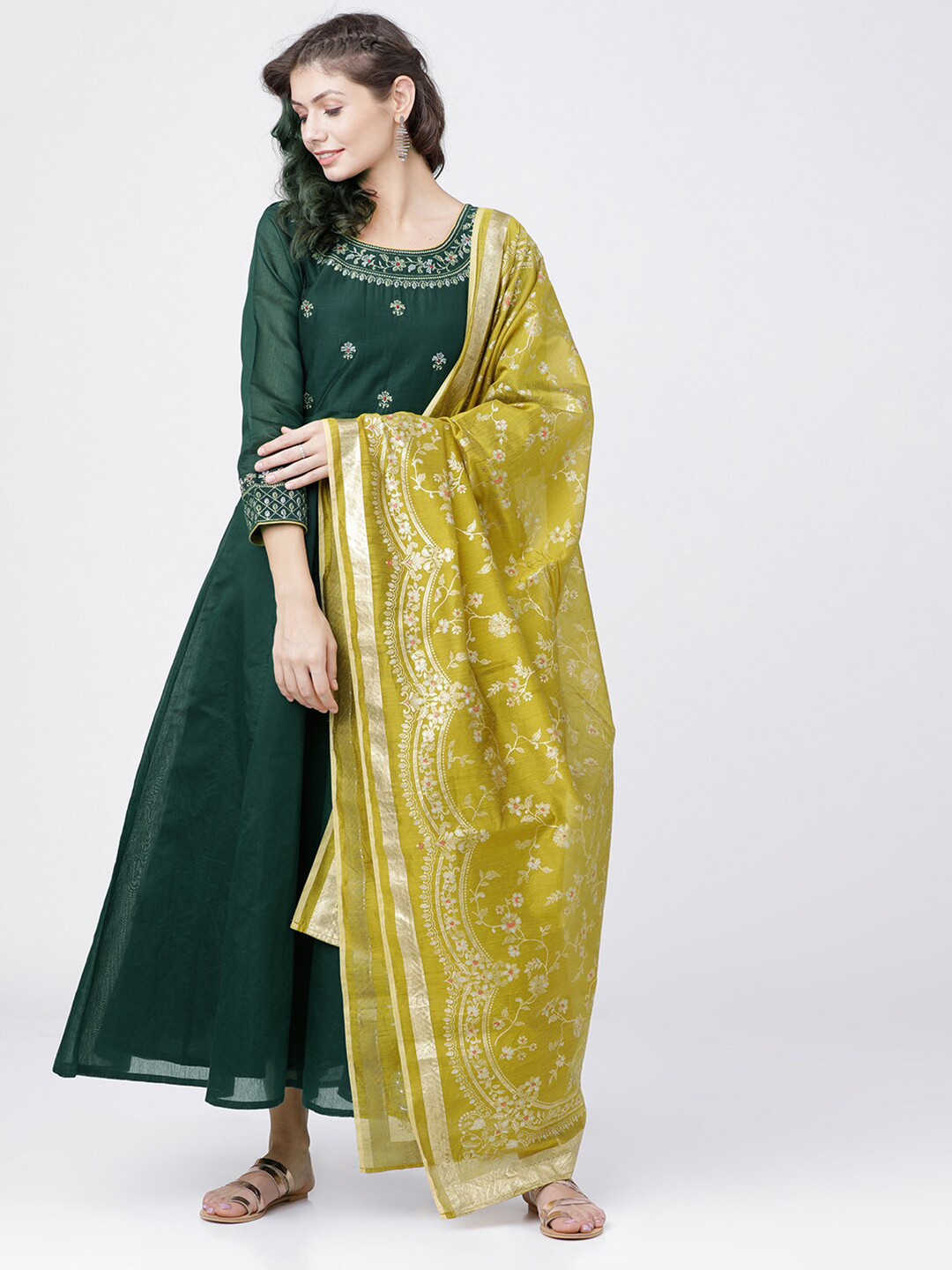Buy Vishudh Green & Gold Toned Printed Dupatta Dupatta for Women